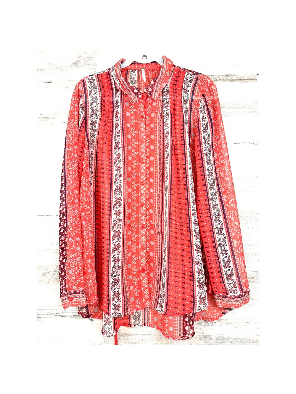 Free People Womens M Hot Coral Moonlight Mile Tunic Boho Beachy Chic Shirt
